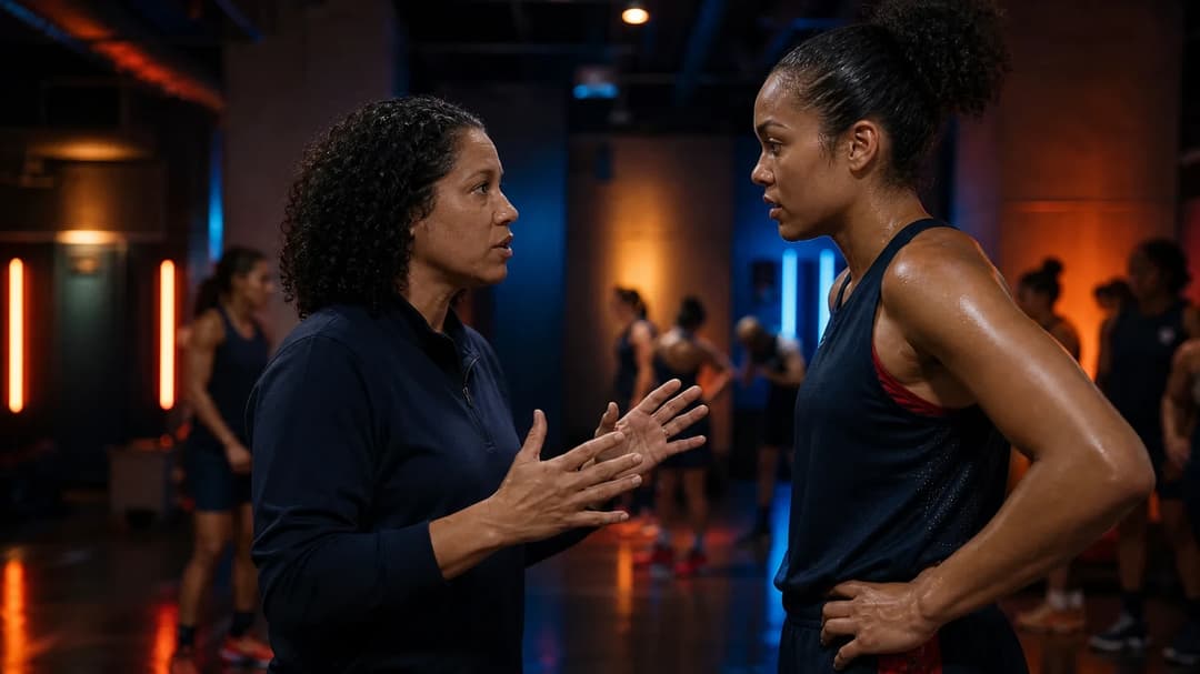 Team USA coach Kara Lawson discusses strategy with player Napheesa Collier in a dimly lit training facility.