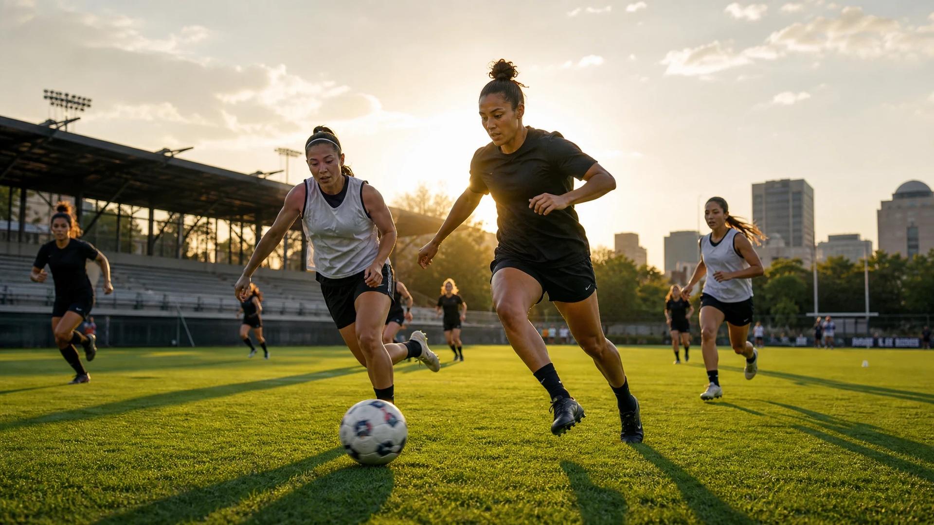 A dynamic scene of Portland Thorns players practicing on a football pitch during golden hour, with a blurred city skyline in the background.