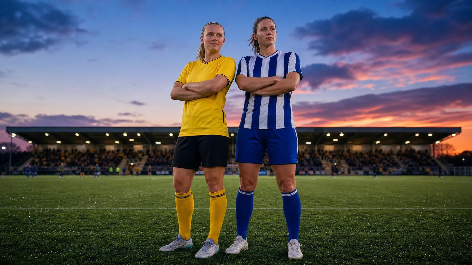 Two female football players standing confidently in a football field at dusk.