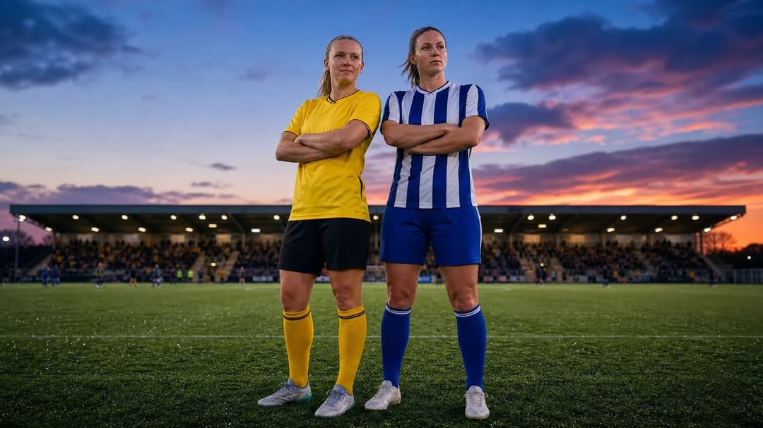 Two female football players standing confidently in a football field at dusk.