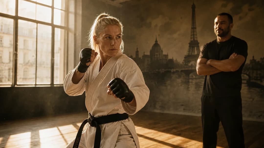 Manon Fiorot training in a gym with a karate guard stance as her coach observes in the background.