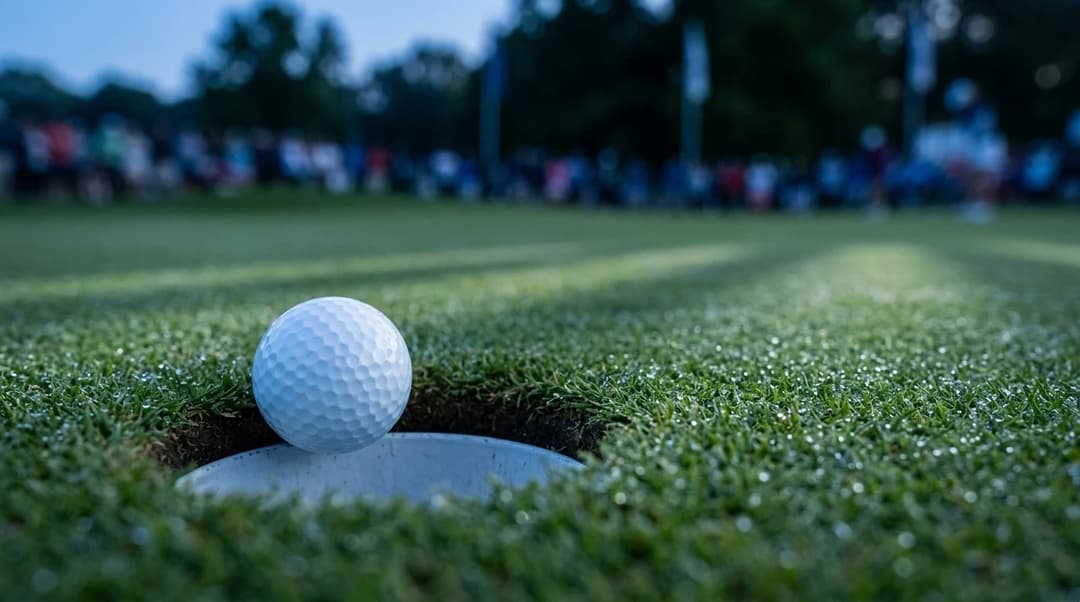A close-up of a golf ball in a hole on a golf course during dusk.