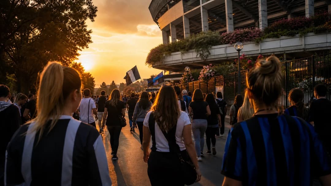 A sunset-lit scene of fans walking towards a stadium, silhouetted against a golden sky.