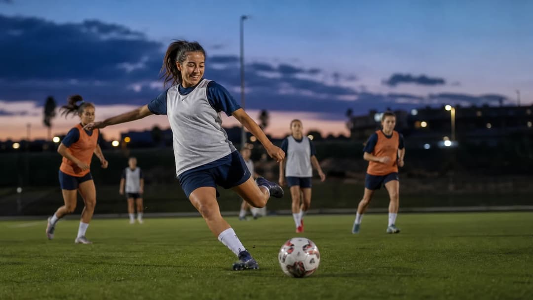 Annahita Zamanian practicing football on the training ground at CD Tenerife during dusk.