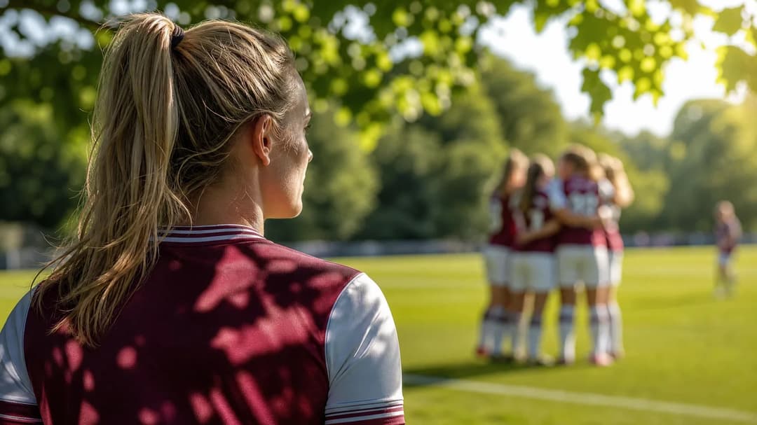 A female footballer from West Ham United gazes thoughtfully at her teammates celebrating their victory.