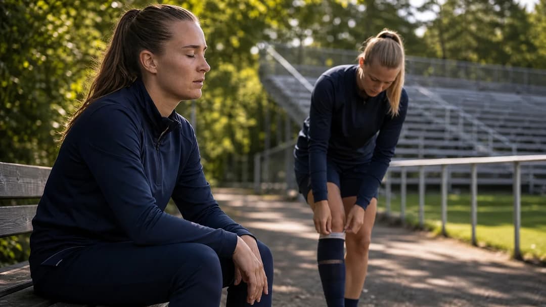 Two female football players engaging in a pre-match ritual in a dappled light setting.