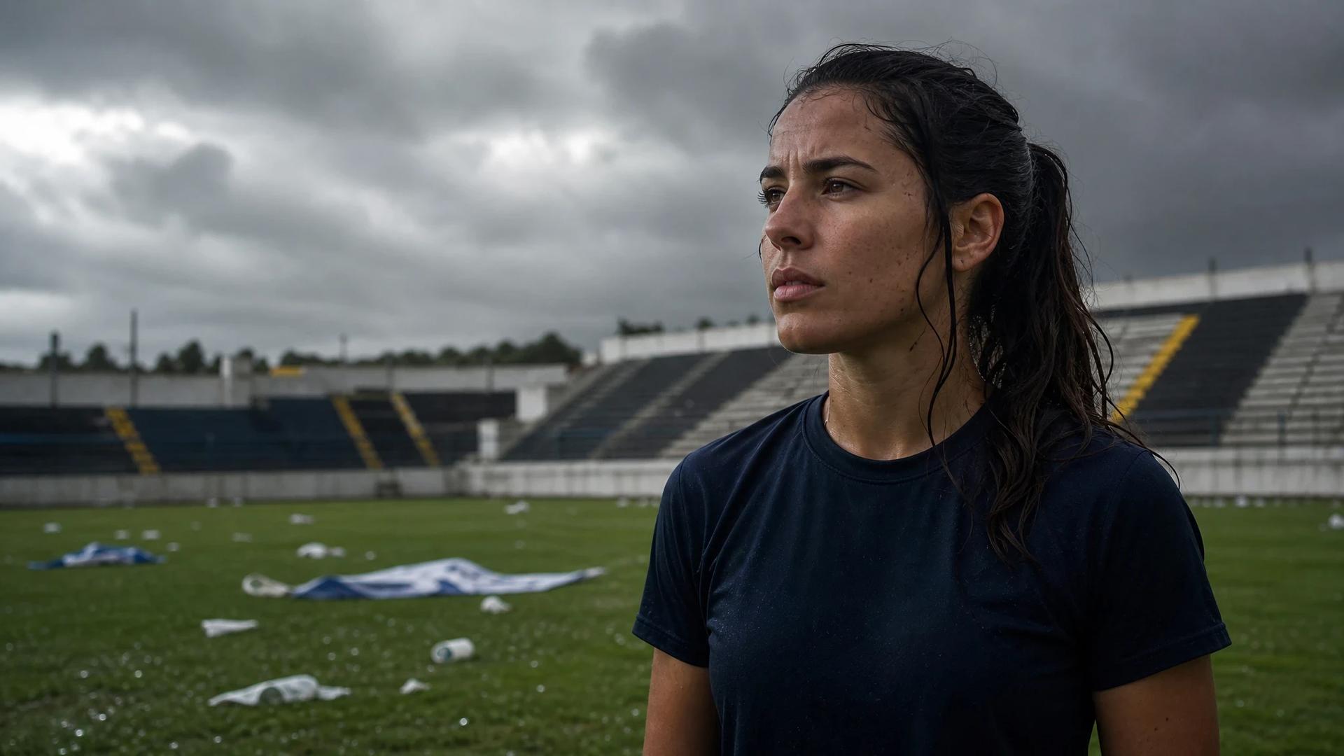 A female football player reflecting on the pitch after a match, set against a stormy sky.