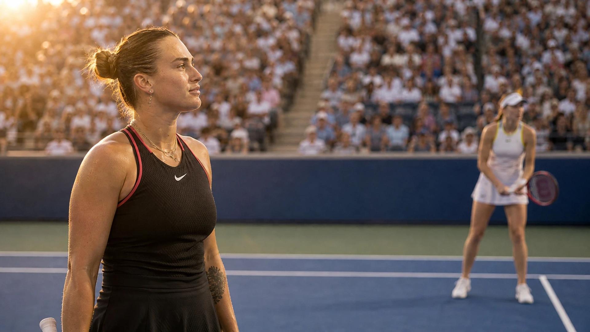 Aryna Sabalenka und Elena Rybakina bereiten sich auf dem Platz im Arthur Ashe Stadium vor, umgeben von goldenem Licht.