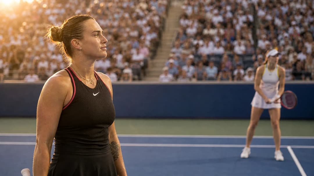 Aryna Sabalenka and Elena Rybakina prepare on the court at Arthur Ashe Stadium, bathed in golden hour light.