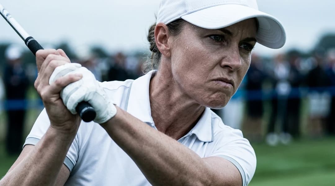 Nahaufnahme einer Golferin, die konzentriert ihren Schläger während des Solheim Cups schwingt.