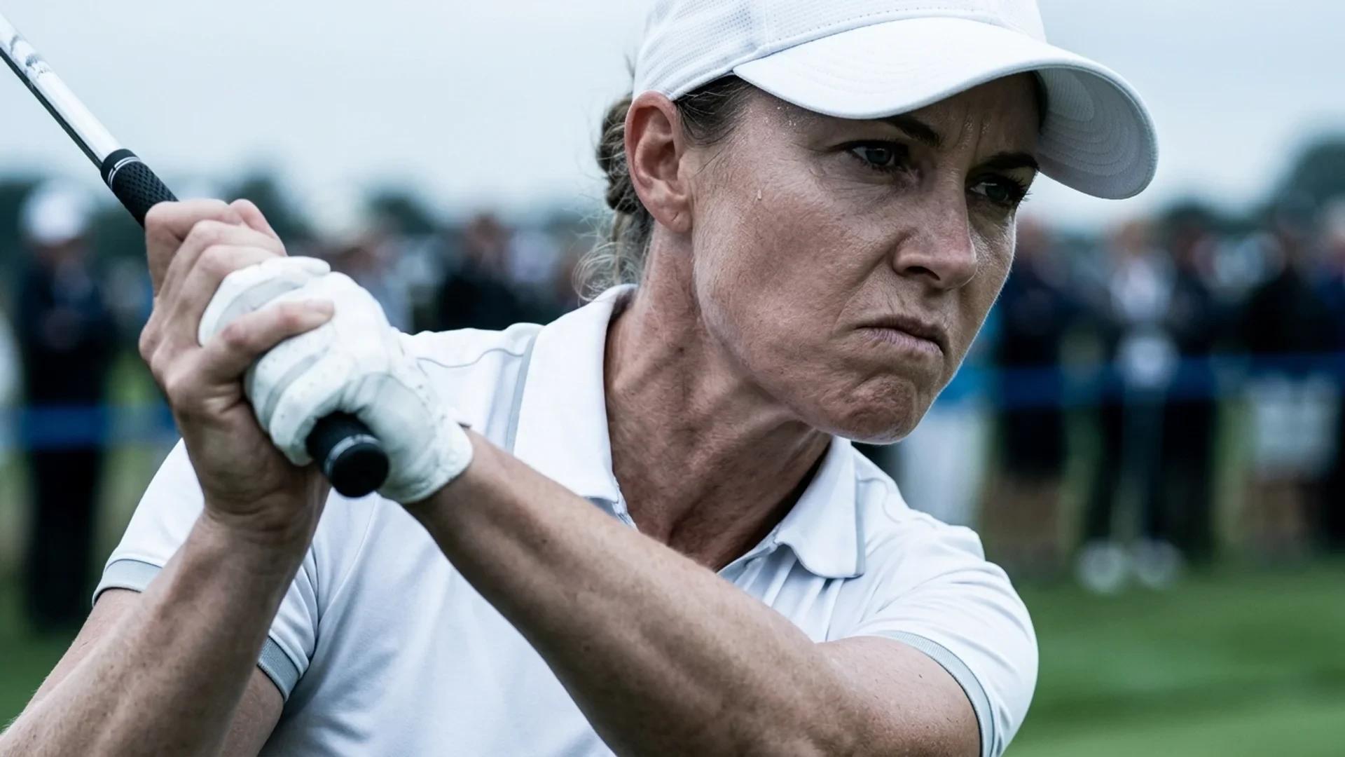 Nahaufnahme einer Golferin, die konzentriert ihren Schläger während des Solheim Cups schwingt.