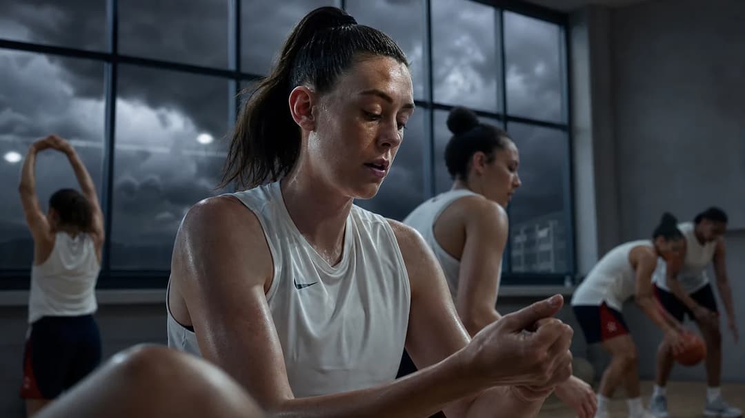 La jugadora de baloncesto Breanna Stewart practicando tiros libres en un gimnasio con iluminación intensa.