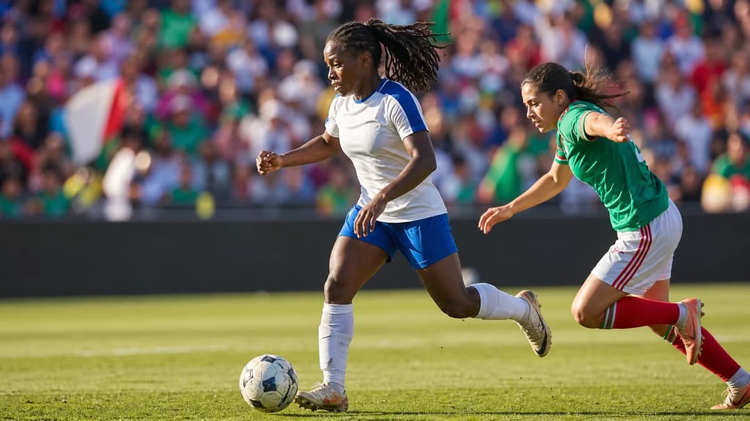 A female football player dribbling the ball in a crowded stadium filled with cheering fans.