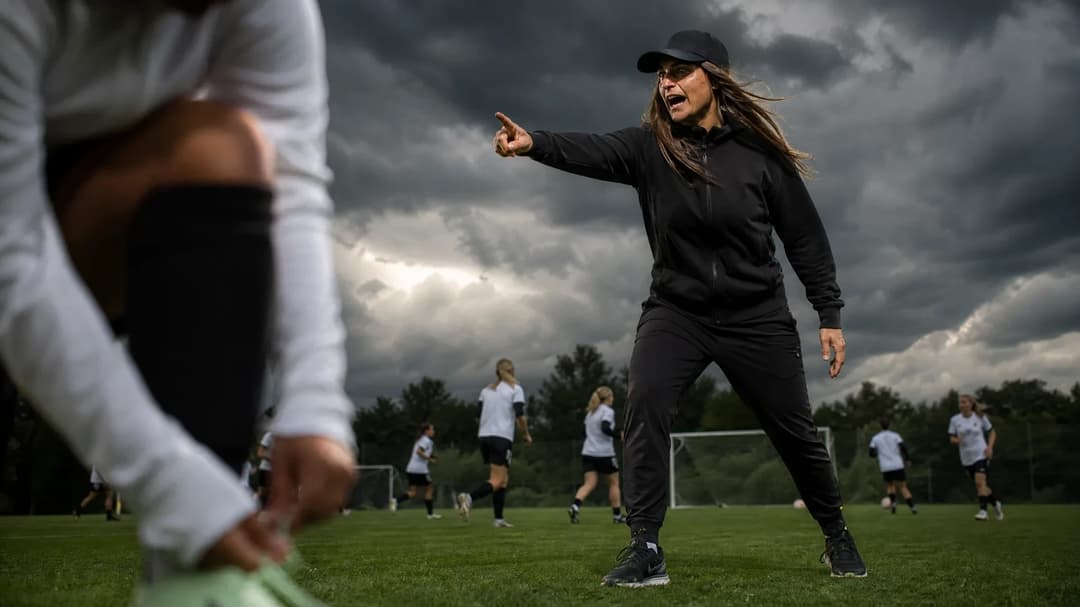 Elena Sadiku passionately coaching her team during a training session.