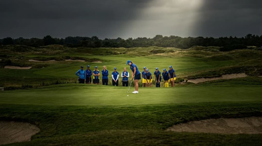 Lottie Woad preparing to putt at the 17th hole of Bernardus Golf, surrounded by teammates.