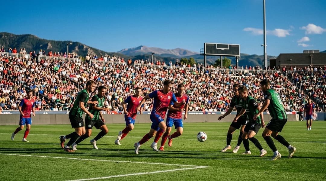 A wide shot of a women's football match between Denver Summit and Bay FC, with players in action on a vivid green pitch.