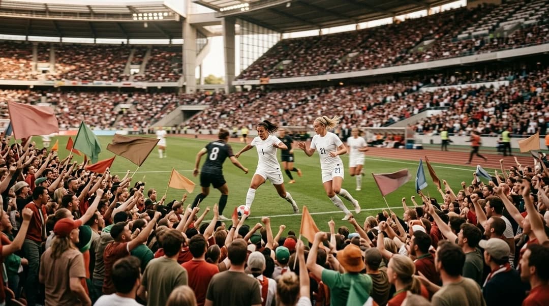 A large crowd watches an intense women's football match between Angel City and Seattle Reign FC in a stadium.