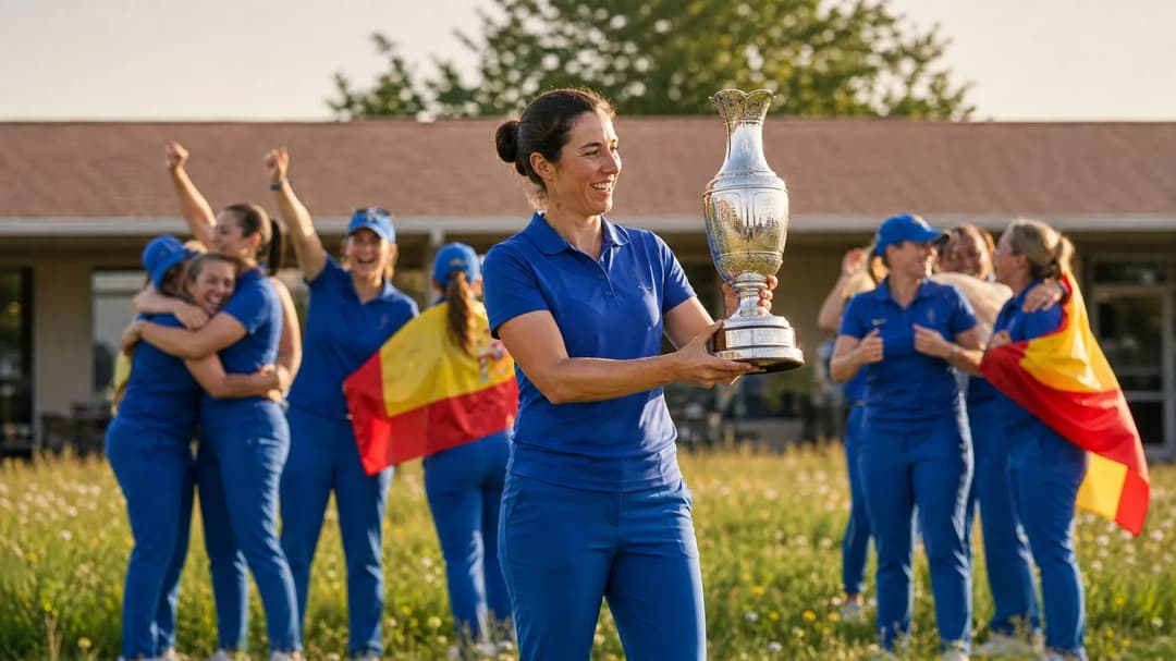 Golf champion Carlota Ciganda holding the Solheim Cup trophy with teammates celebrating in the background.