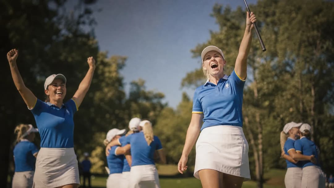 Lottie Woad celebrating after winning the Solheim Cup, surrounded by teammates at Bernardus Golf.