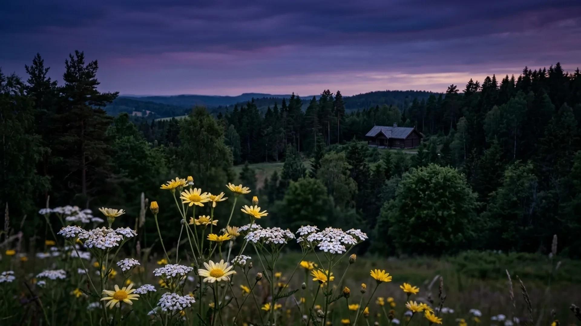 A serene dusk landscape in Larvik municipality showcasing wildflowers in the foreground and a silhouette of a hunting lodge in the distance.