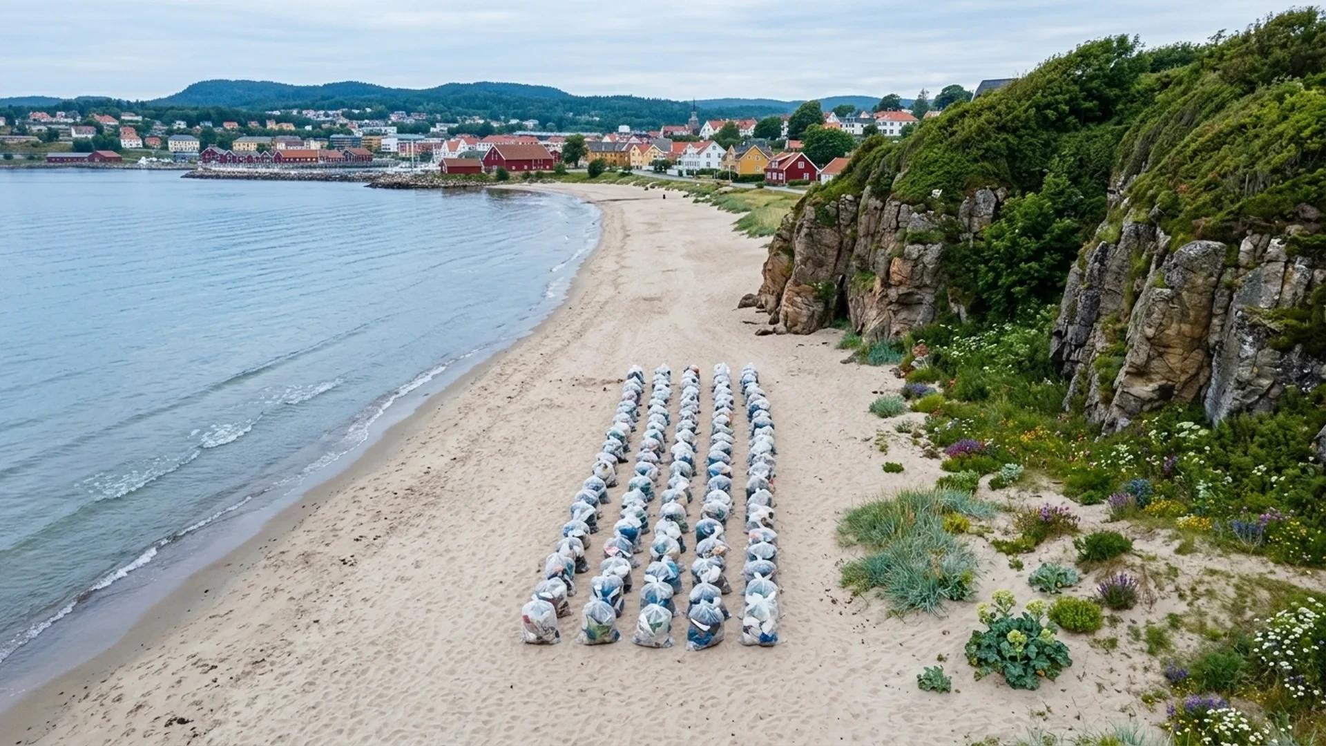Aerial view of a clean coastline with transparent litter bags along the sandy beach and colorful houses in the background.