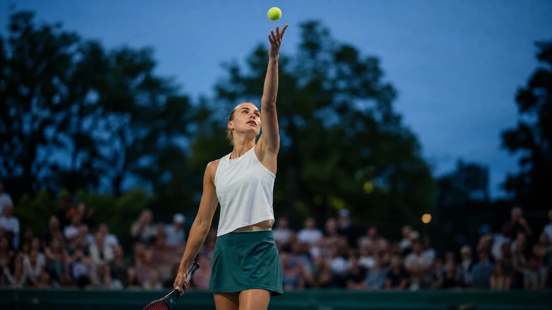 Eine Tennisspielerin serviert während eines Abendspiels.