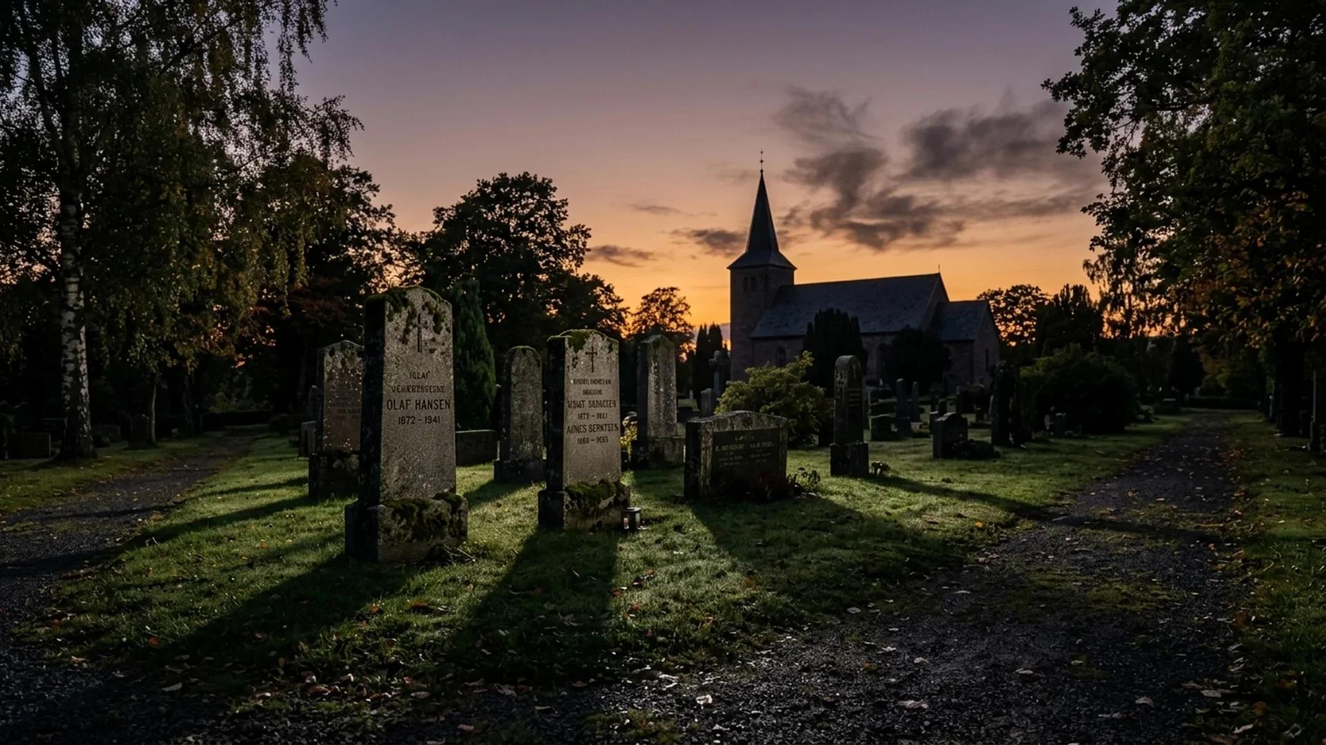 A quiet graveyard at dusk with gravestones silhouetted against the sky.