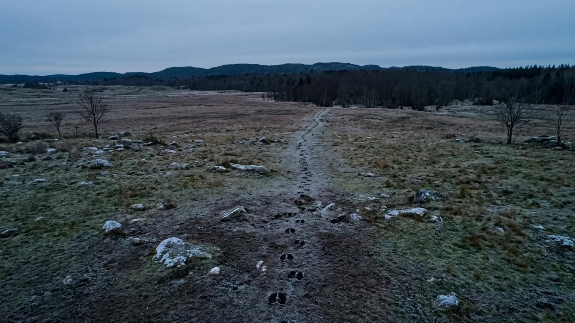 Aerial view of deer tracks in an open landscape at twilight.