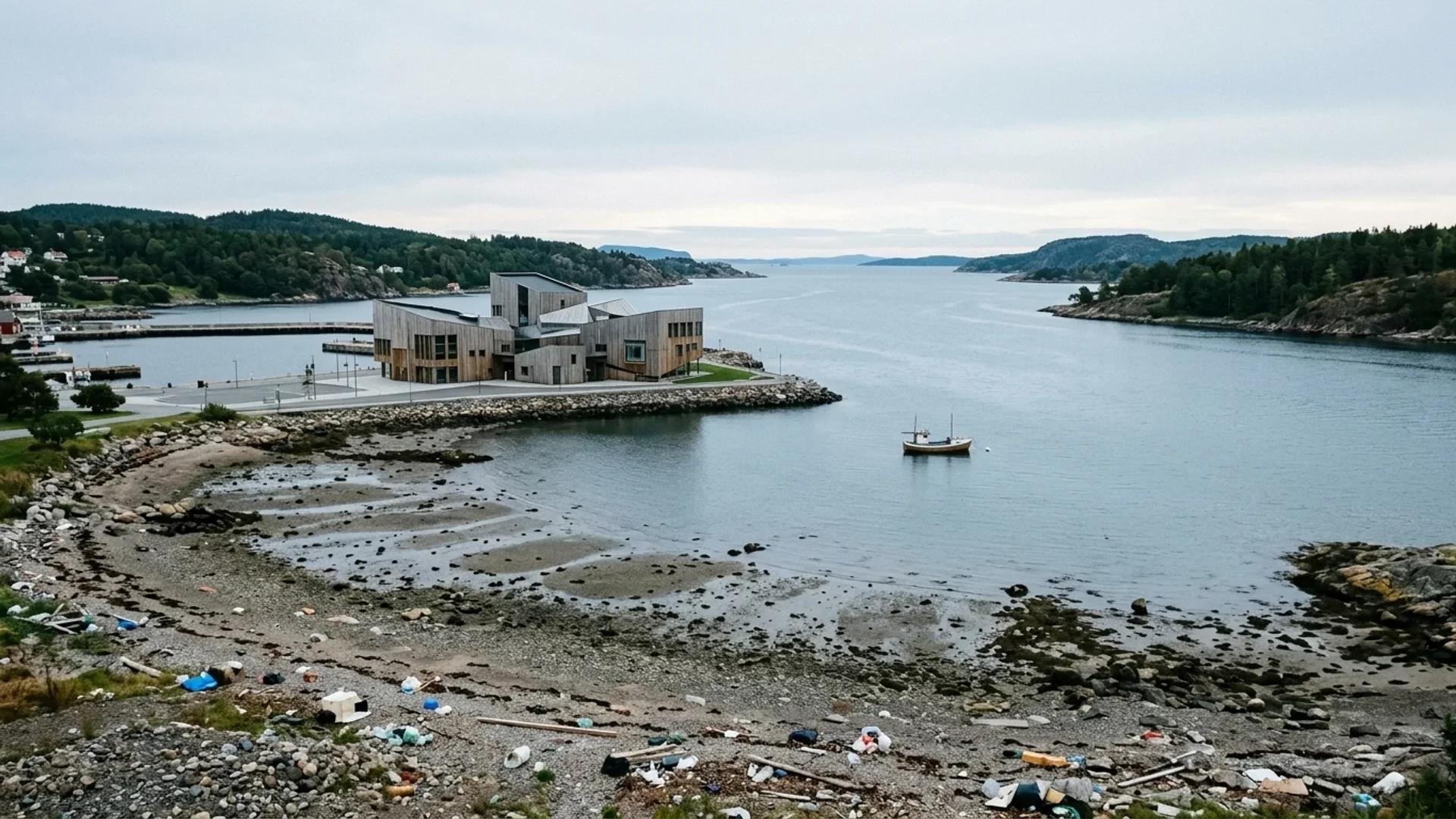 A wide view of Larvik's coastline with the town hall in focus.