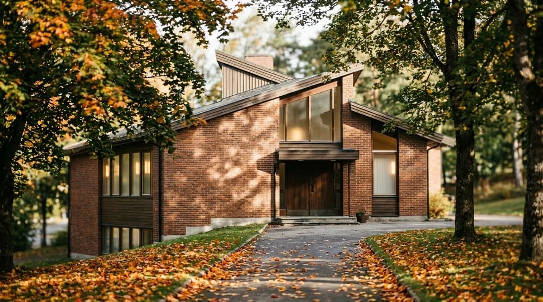 Nanset menighet's church building in Larvik surrounded by autumn foliage.