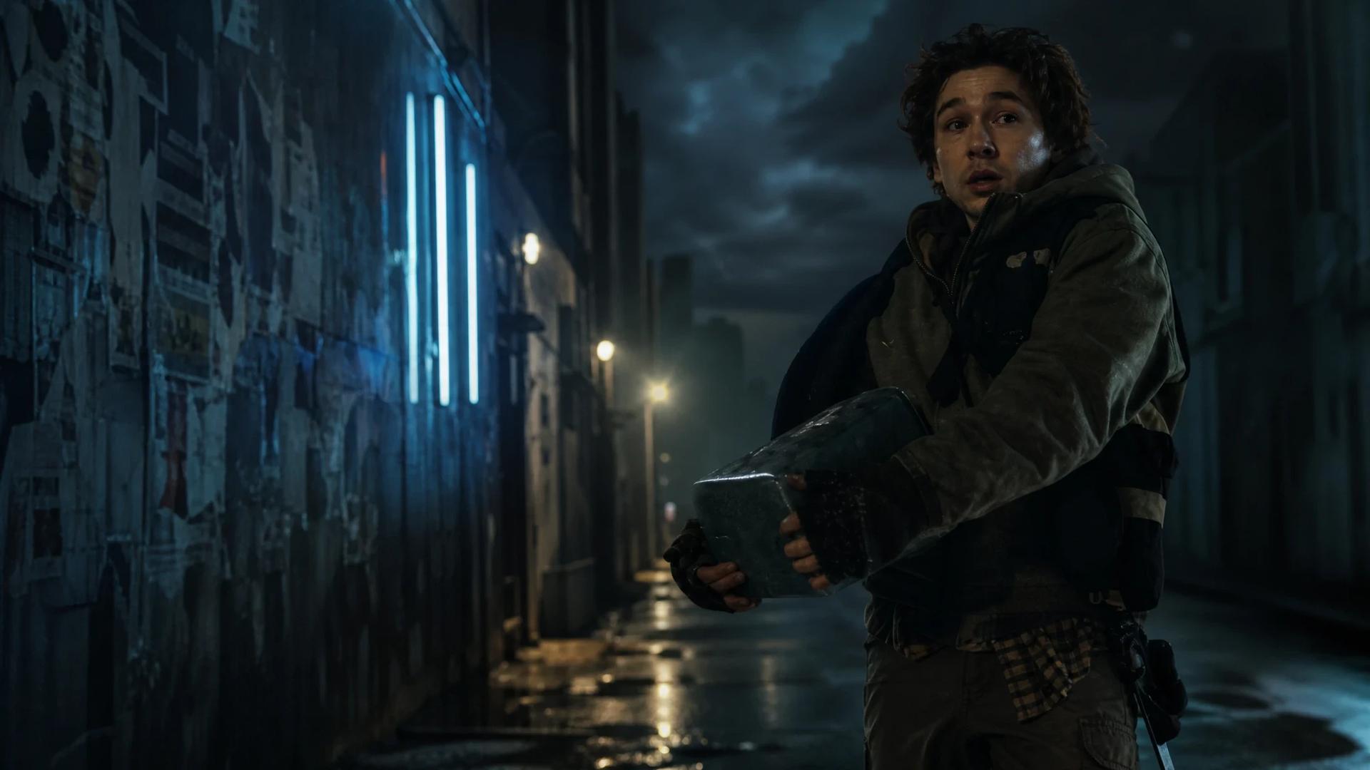 Austin Abrams stands in a dimly lit alley, evoking tension just before an event.
