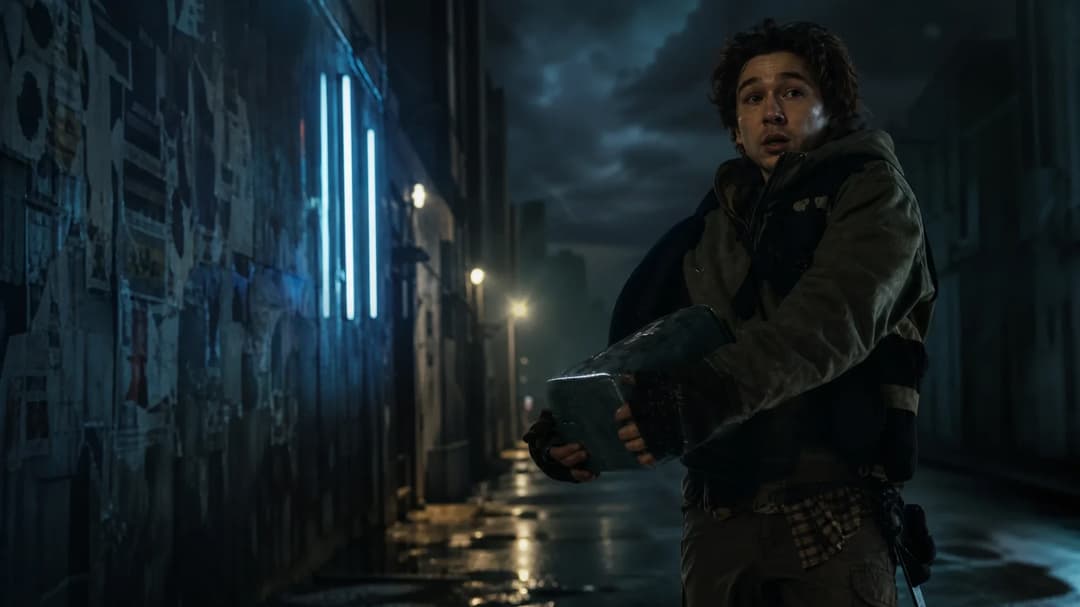Austin Abrams stands in a dimly lit alley, evoking tension just before an event.