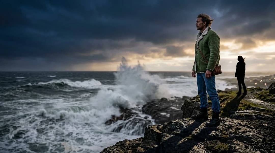 Asle stands on a cliff looking out at the turbulent sea, with Gerd in the background, highlighting their emotional distance.