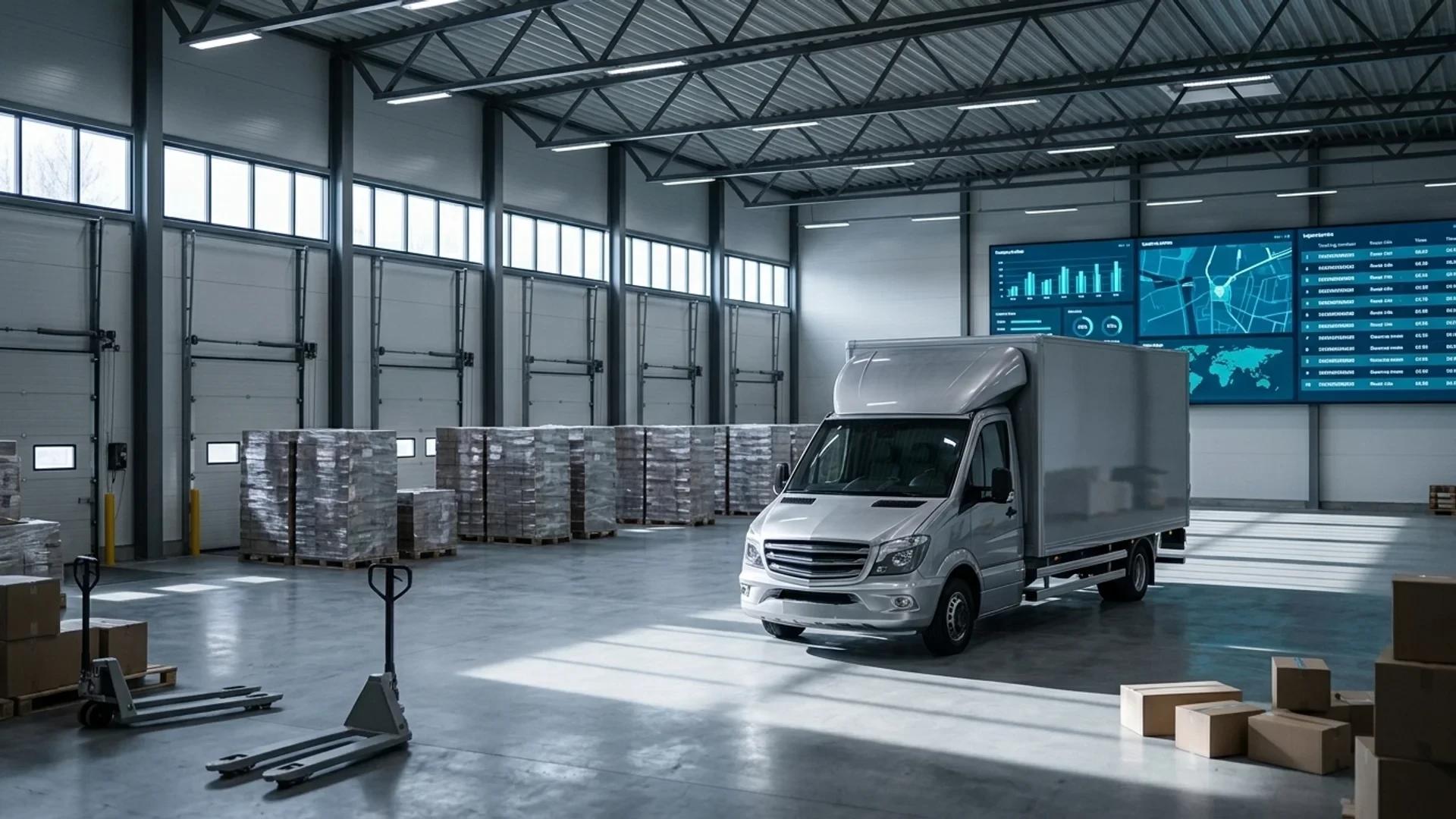 A silver delivery truck parked inside a modern logistics warehouse with stacks of pallets in the background.
