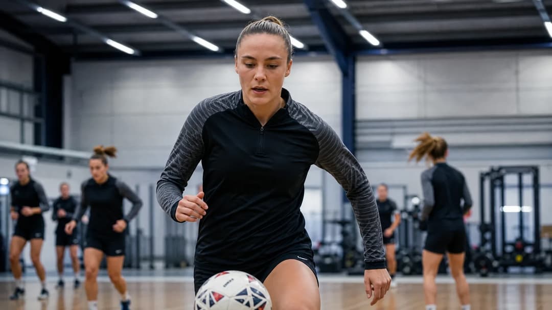 A female footballer dribbling the ball in a training facility, surrounded by teammates.