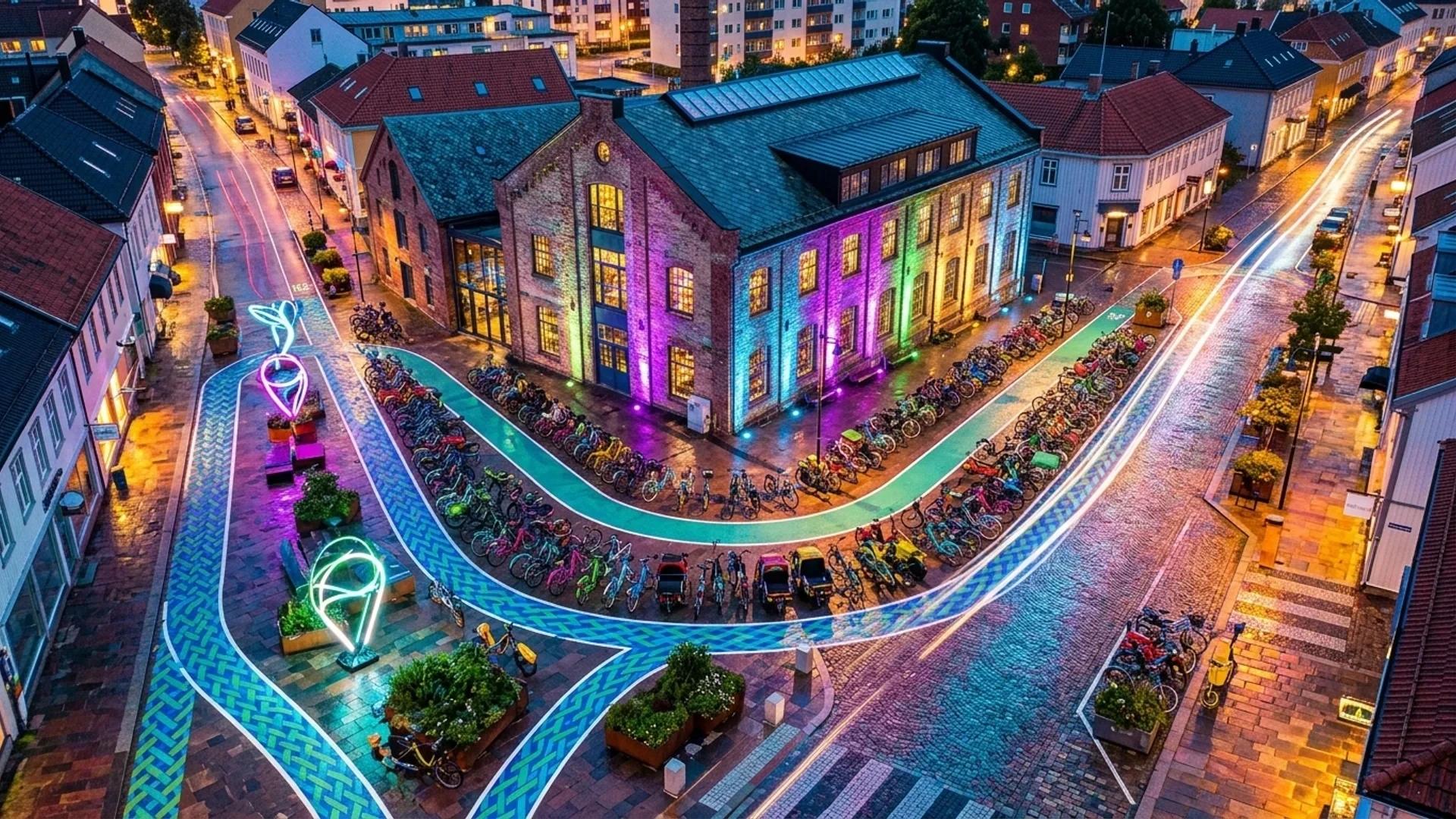 A bird's-eye view of Sliperiet in Larvik during the European Mobility Week, showcasing colorful bike lanes.