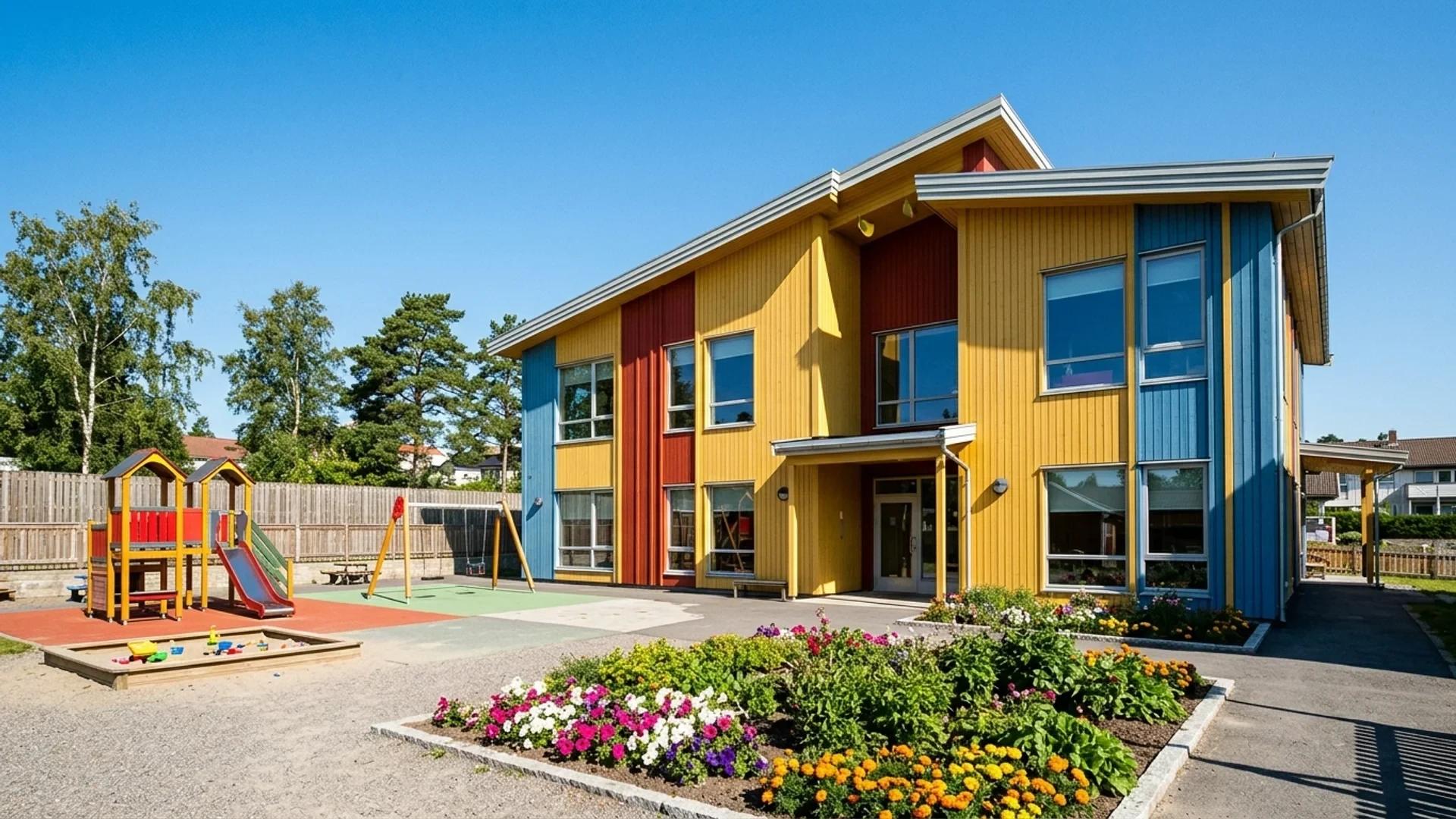 A vivid exterior view of Lillefot barnehage with colorful facade and playground under bright sunlight.