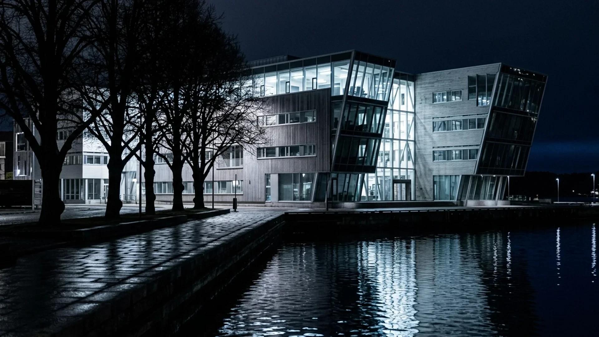 A nighttime view of the Agnes Utvikling AS building at Agnes Brygge, Larvik, with no people present.