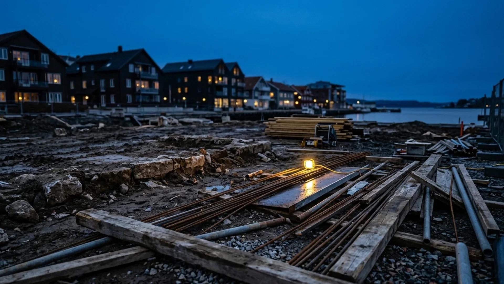 Close-up view of a construction site with construction materials at dusk.