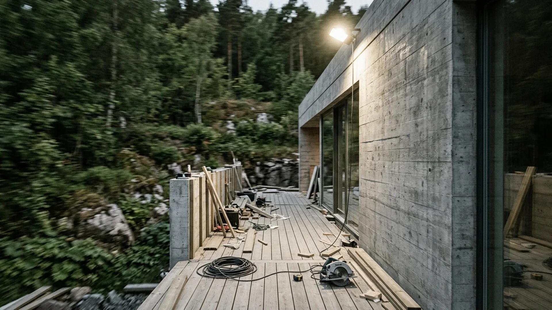 Close-up shot of a recently completed garage and terrace at Tiurveien 4, Larvik.