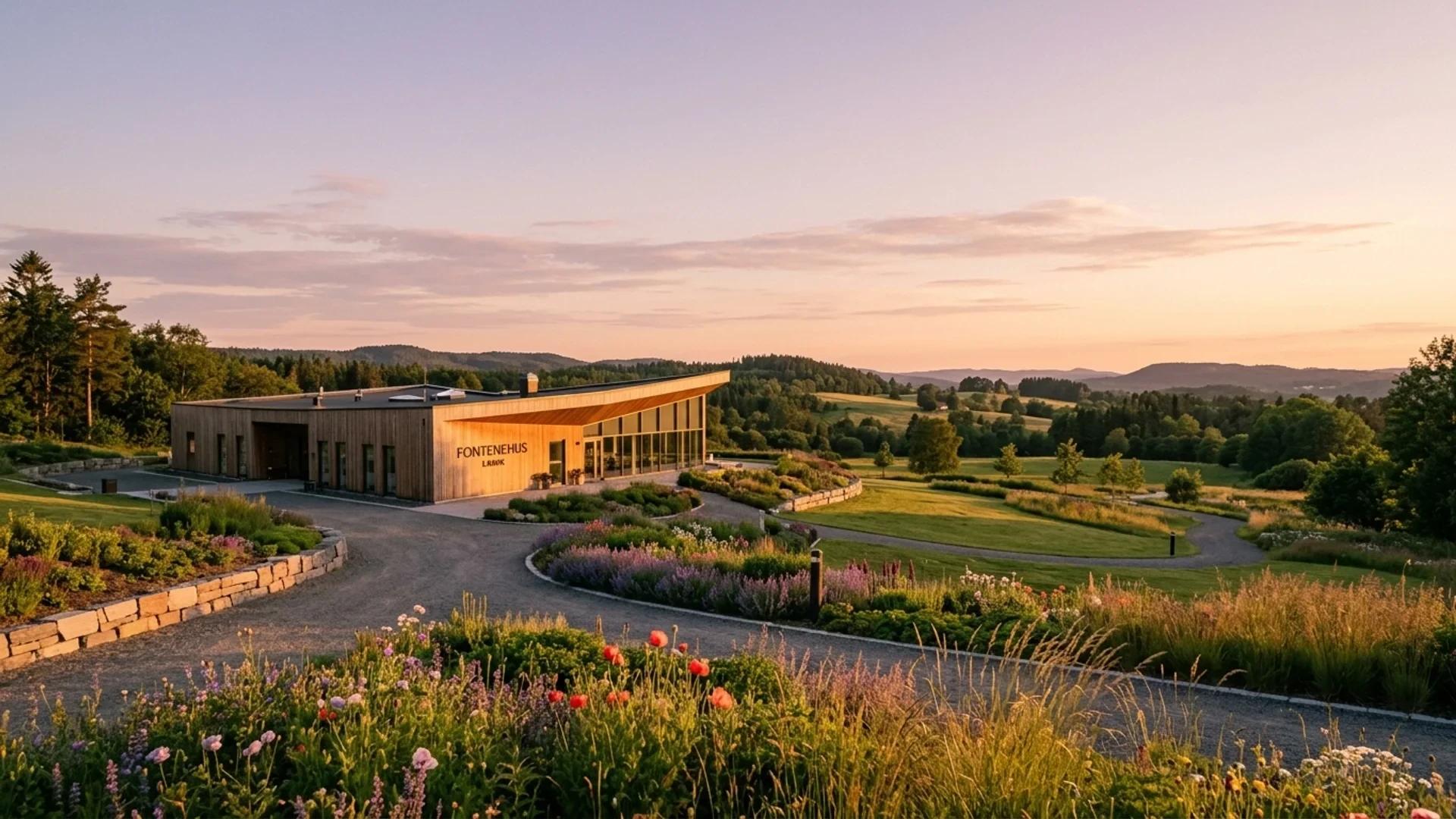 A wide shot of Larvik's Fontenehus surrounded by nature during golden hour.