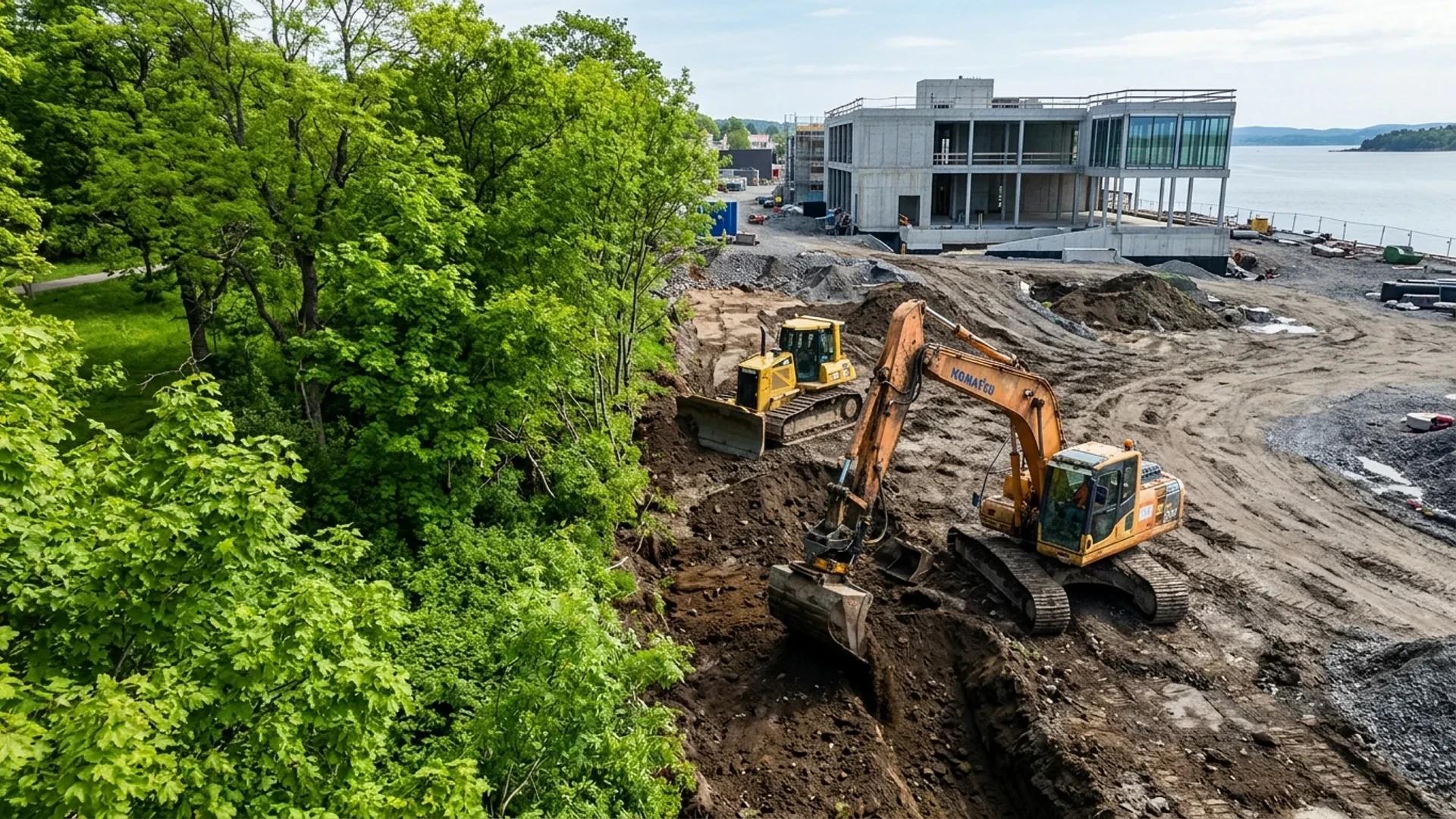 A construction site at Agnes Brygge in Larvik showing machinery near green trees.