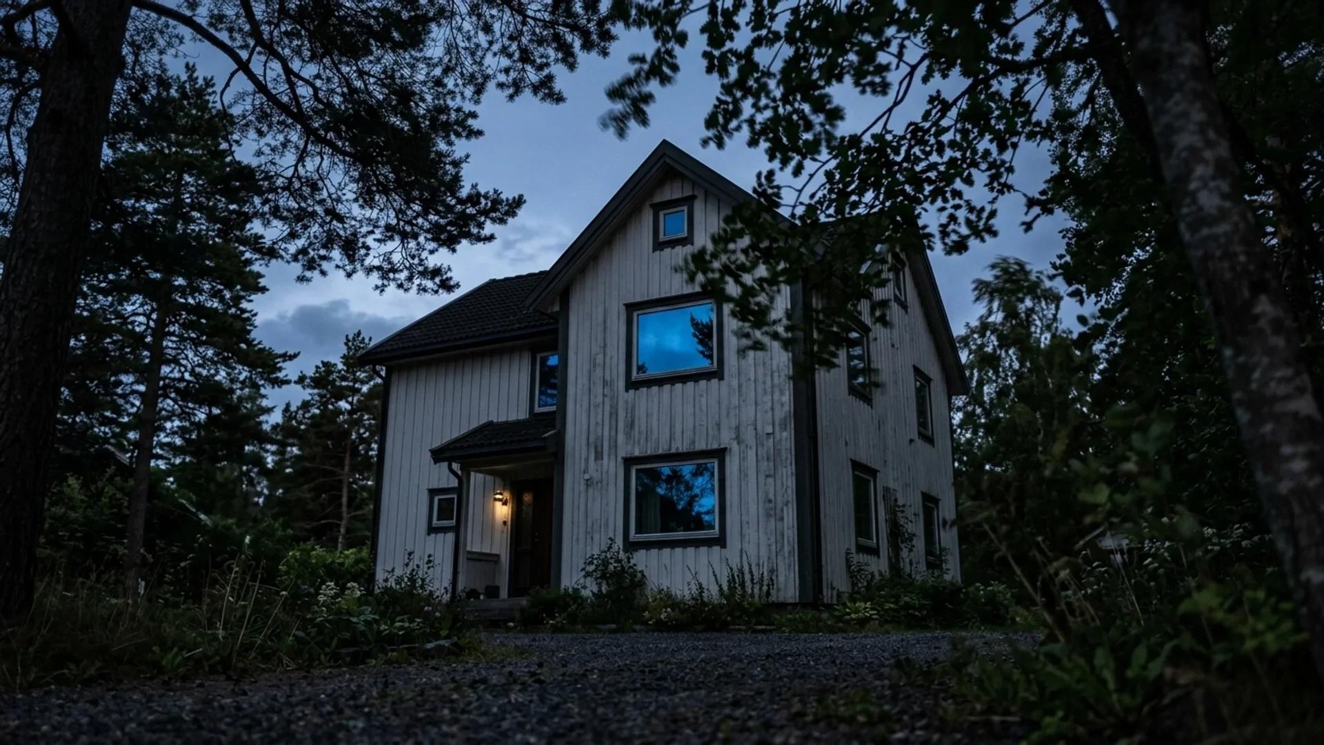 En bolig i Grevefaret 3 i Sandefjord sett i tidlig morgenlys med dappled lys gjennom trærne.