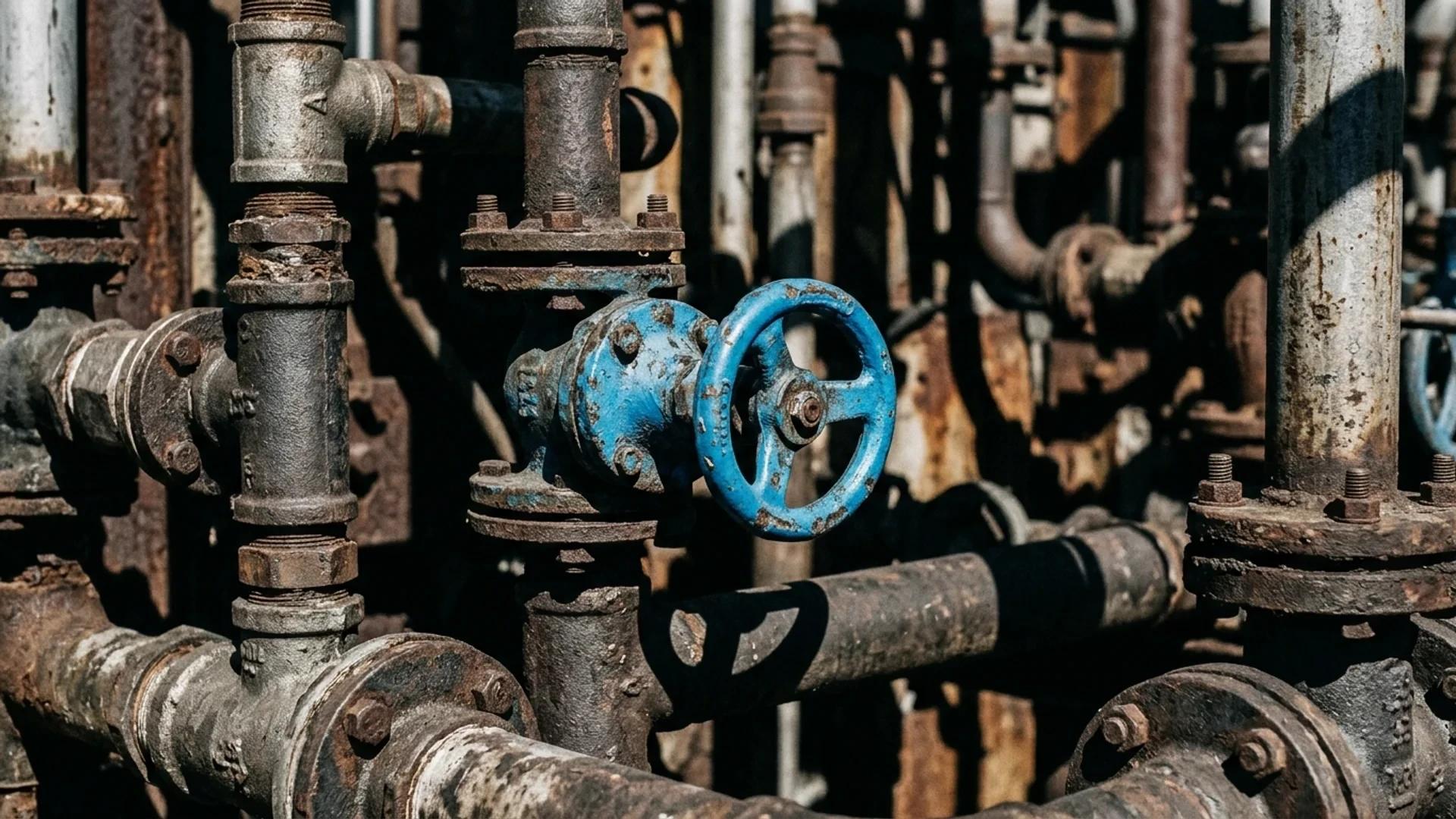 Extreme close-up of metallic pipes and valves in an urban infrastructure setting.