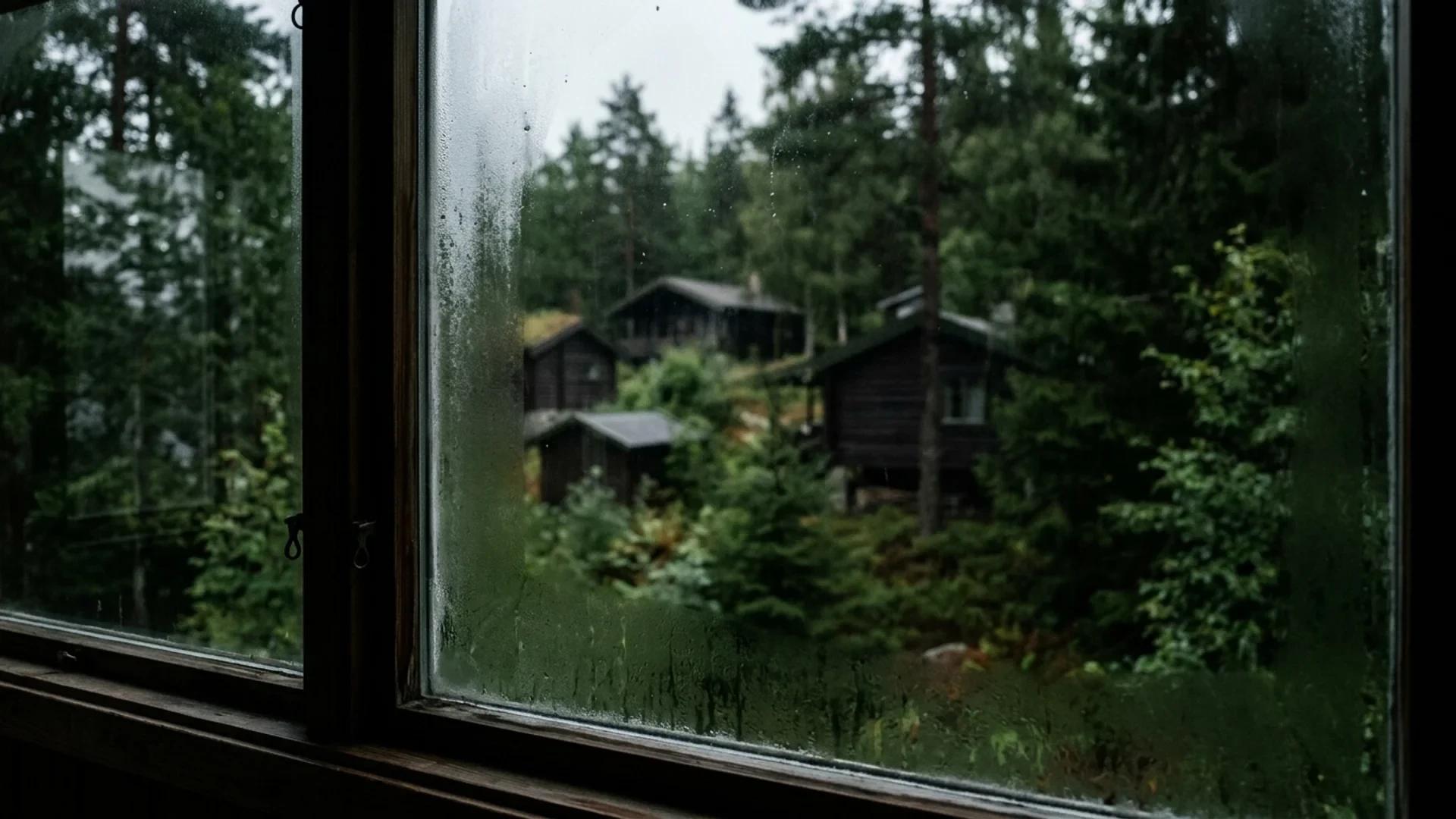 A blurred view of Sørskogen hyttefelt through a frosted glass window.