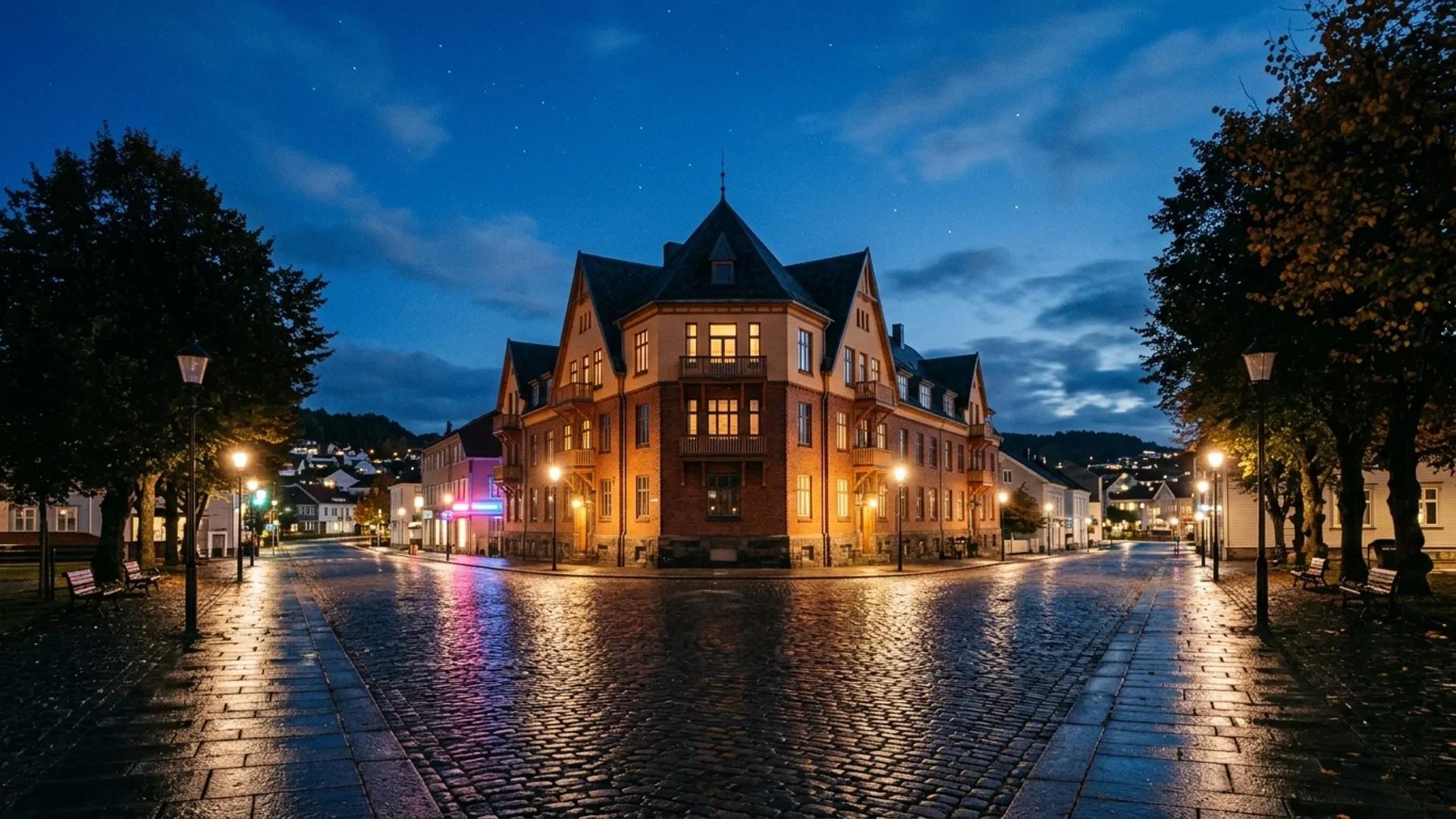 A twilight view of the Stiftelsen Betjeningsboliger in Larvik, with neon lights illuminating the building.