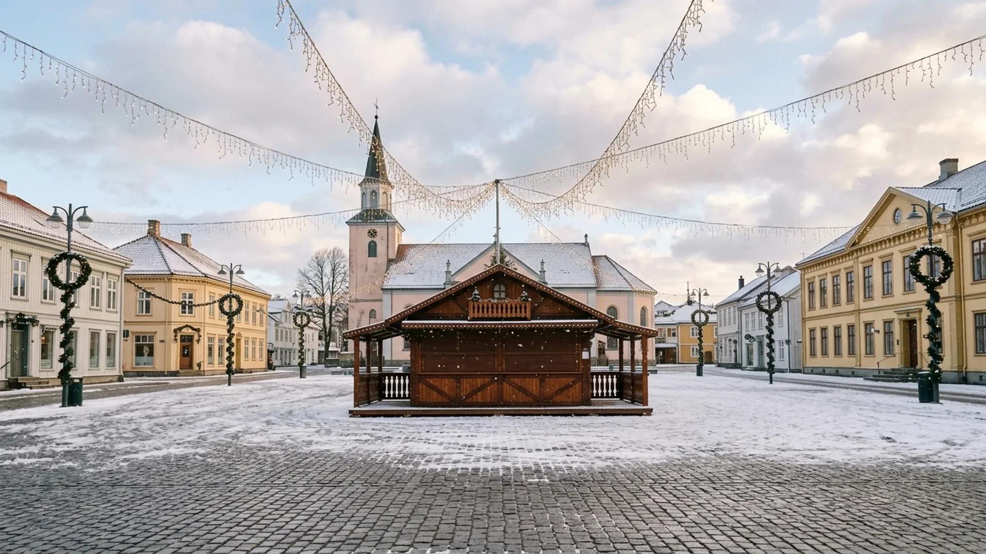A decorated square in winter, empty and ready for a Christmas celebration.