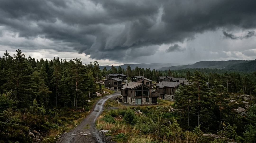 A landscape photograph showing the Sørskogen hyttefelt in Larvik, Norway, under dramatic stormy skies without people.