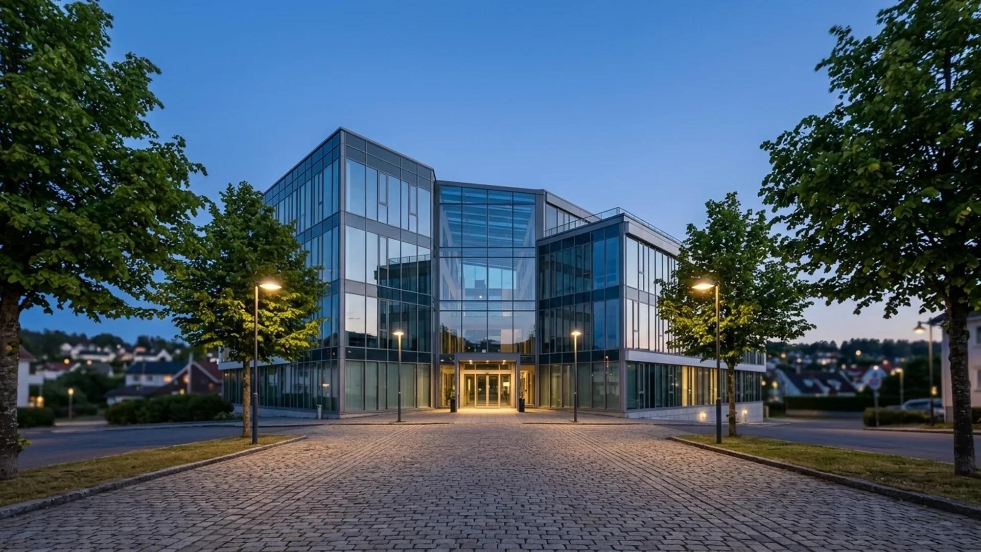 A modern office building at dusk with a glass facade reflecting the sky.