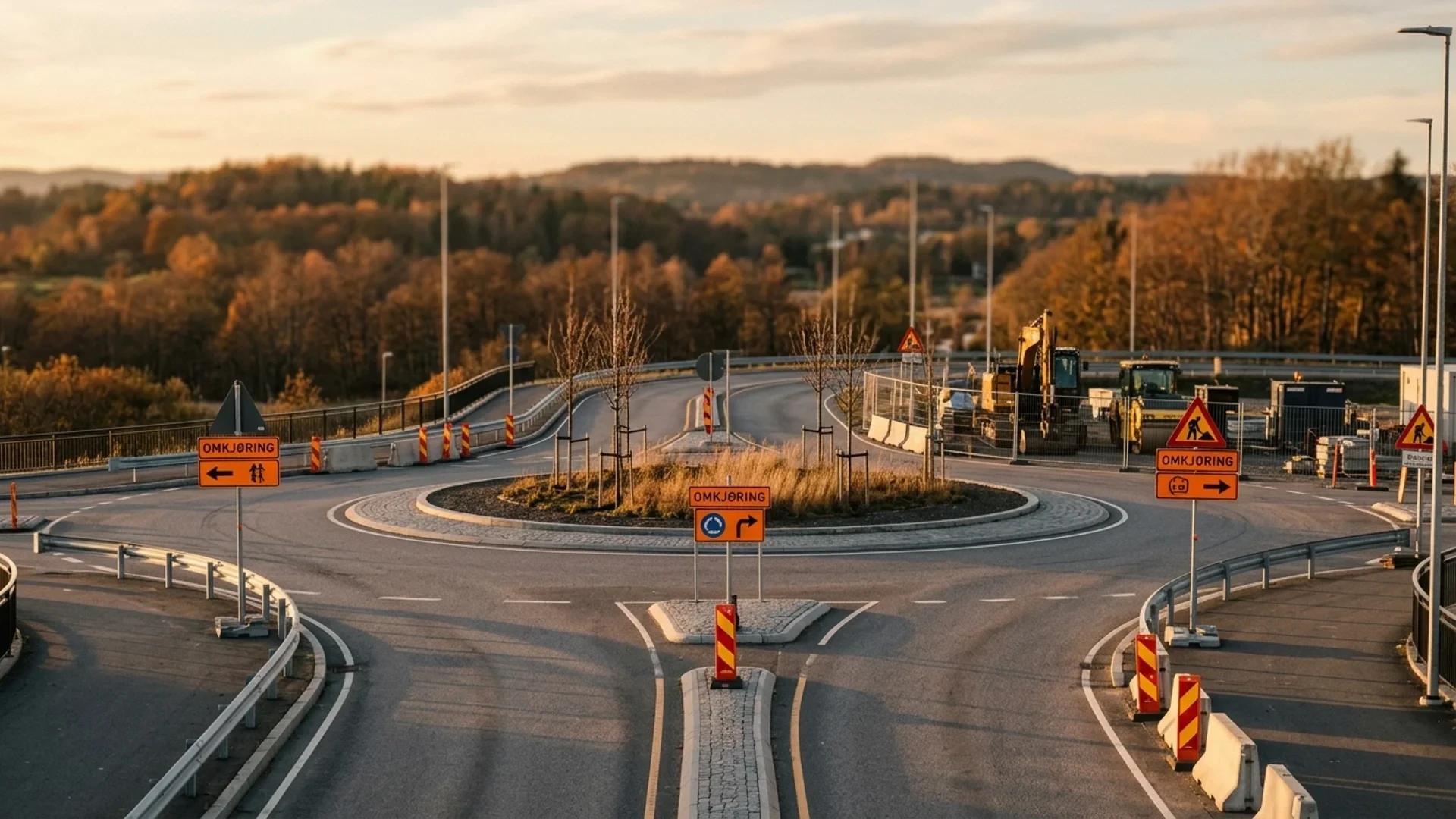 Wide view of the Ringdalkrysset roundabout in Larvik during the golden hour, featuring construction barriers and detour signs.